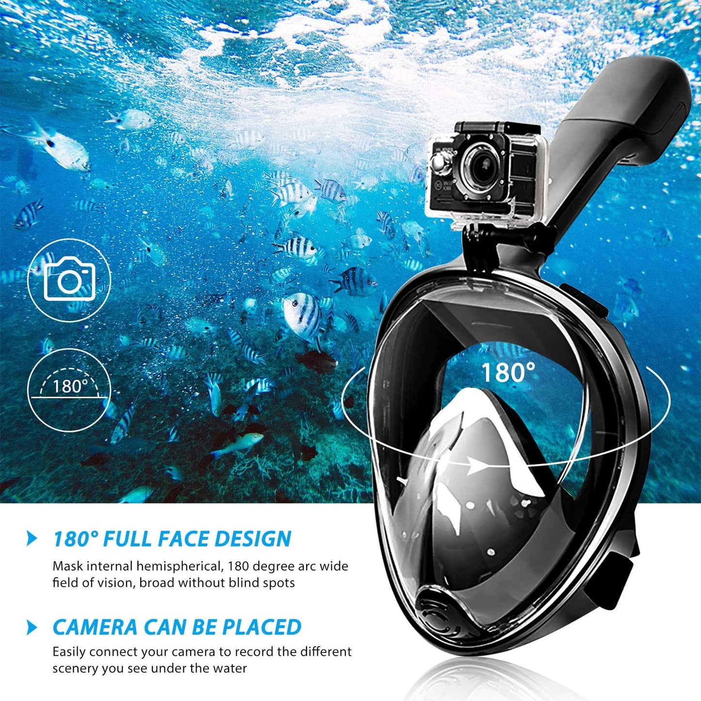 Maschera da snorkeling, 180° Panoramica con aggancio per gopro